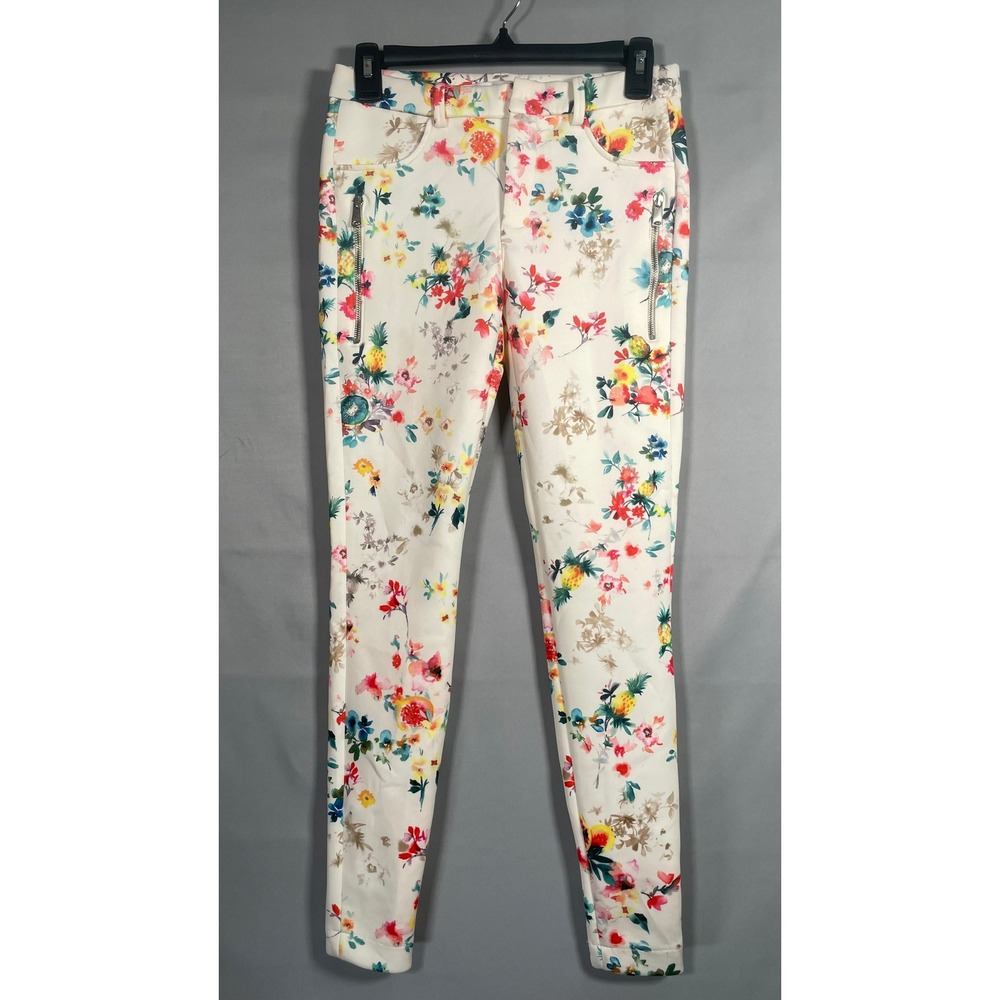 Zara Trafaluc Womens‎ Floral Tropical Print Skinny Pants White Ankle Zip Size S